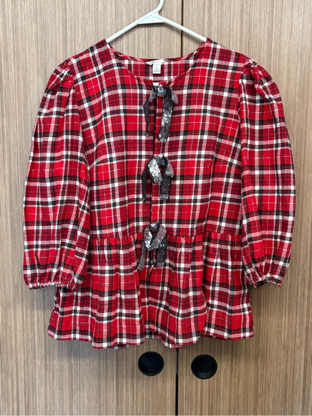 Cato Red Plaid Peplum Blouse with Metallic Bow Accents